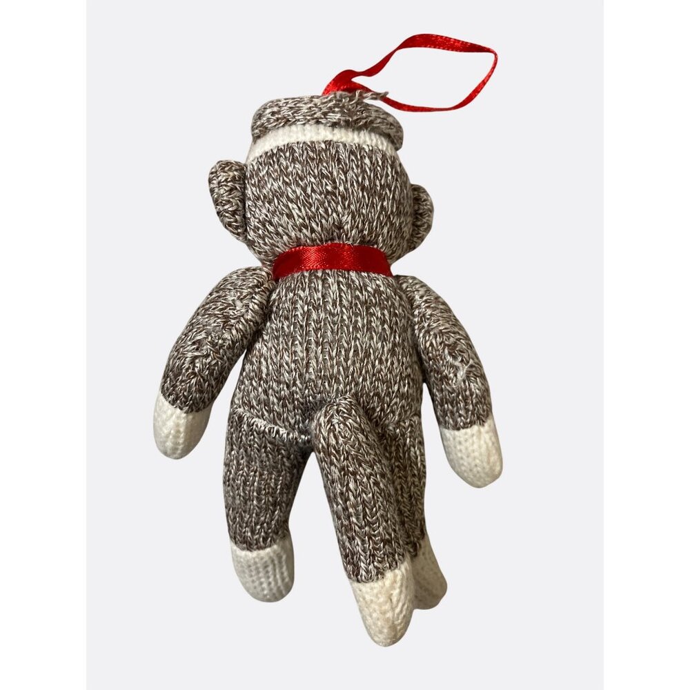 Knitted Sock Monkey Plush Ornament With Red Ribbon - Picture 7 of 10